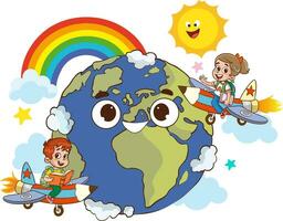 Children flying on a plane around the earth with rainbow and clouds illustration vector