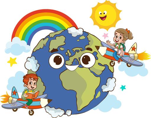 Children flying on a plane around the earth with rainbow and clouds illustration