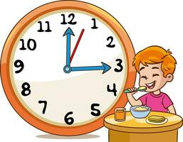 boy eating breakfast.Daily routine with simple clocks.Vector set with kid. Funny cartoon character. Vector illustration