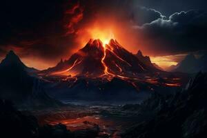 AI generated volcano dark background photo