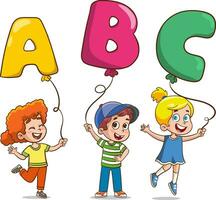 dibujos animados vector ilustración de chico participación vistoso globo con a B C letra