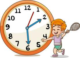 boy playing tennis.Daily routine with simple clocks.Vector set with kid. Funny cartoon character. Vector illustration