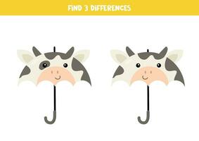 Find 3 differences between two cute cartoon umbrellas in shape of cow. vector