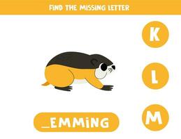 Find missing letter with cartoon lemming. Spelling worksheet. vector