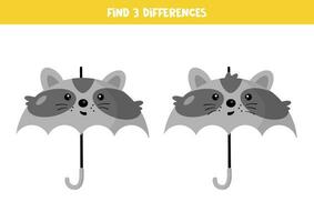 Find 3 differences between two cute cartoon umbrellas in shape of raccoon. vector