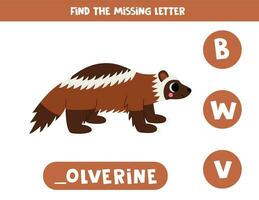 Find missing letter with cartoon wolverine. Spelling worksheet. vector