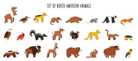 Set of cute North American animals with in cartoon style on white background. vector