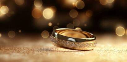 AI generated wedding rings on gold background with bokeh lights photo