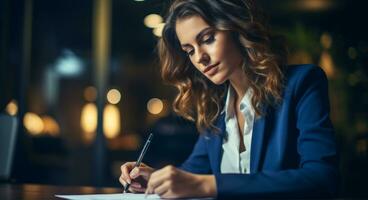 ai generado joven profesional mujer firma documento a mesa foto