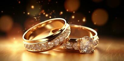 AI generated wedding rings on gold background with bokeh lights photo