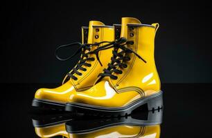 AI generated yellow hard boots on a black reflective surface photo