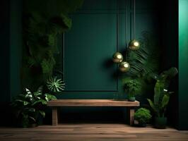 AI Generated Green podium in modern tropical background for product placement 3d render. AI Generative photo