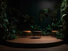 AI Generated Green podium in modern tropical background for product placement 3d render. AI Generative photo