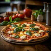 AI Generated Fresh baking homemade pizza ham, cheese, tomatoes, basil on baking paper over wooden table background. Home baking or delivered fast food. Flat lay, space. Generative AI. photo