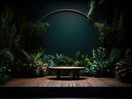 AI Generated Green podium in modern tropical background for product placement 3d render. AI Generative photo