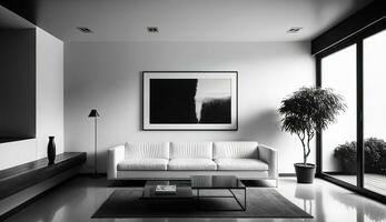 AI Generated modern minimalistic interior design of light bright monochrome room with black and white furniture, clean white walls and huge windows.Generative AI. photo