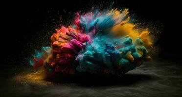 AI Generated Creative art brain explodes with paints with splashes on a black background, concept idea. AI Generative. photo