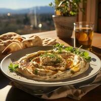 AI Generated Hummus in a wooden plate with parsley and croutons. Dishes of chickpeas, a vegetarian dish. Ai Generative. photo