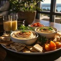 AI Generated Hummus in a wooden plate with parsley and croutons. Dishes of chickpeas, a vegetarian dish. Ai Generative. photo