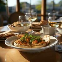 AI Generated Hummus in a wooden plate with parsley and croutons. Dishes of chickpeas, a vegetarian dish. Ai Generative. photo