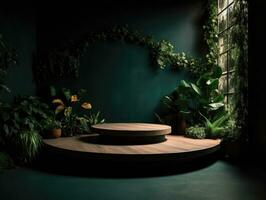 AI Generated Green podium in modern tropical background for product placement 3d render. AI Generative photo