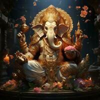 AI Generated Golden lord ganesha sculpture on nature background. celebrate lord ganesha festival. Ai Generative. photo