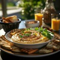 AI Generated Hummus in a wooden plate with parsley and croutons. Dishes of chickpeas, a vegetarian dish. Ai Generative. photo