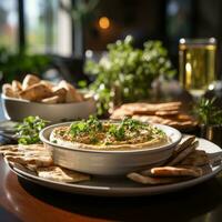 AI Generated Hummus in a wooden plate with parsley and croutons. Dishes of chickpeas, a vegetarian dish. Ai Generative. photo