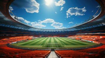 AI Generated High Angle Establishing Shot. Stadium with Soccer Championship Match. Teams Play, Crowds of Fans Cheer. Football Cup Tournament. Sport Channel Concept, Screen Content. Wide Shot. AI photo