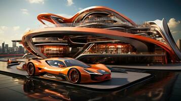 ai generado futurista Deportes coche en neón carretera. poderoso aceleración de un superdeportivo en un noche pista con vistoso luces y caminos. ai generativo. foto