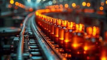 AI generated Automated pharmaceutical production line with amber glass bottles photo