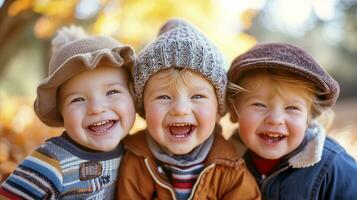 ai generado Tres alegre niños abrazando en otoño ajuste con calentar sonrisas foto