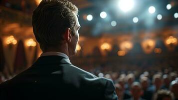 AI generated Confident businessman addressing an audience at a conference event photo