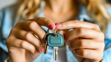 AI generated Woman holding key in hand displaying investment concept. Generative AI photo