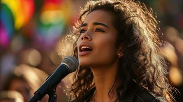 ai generado joven mujer canto con orgullo banderas detrás su. generativo ai foto