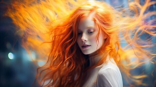 AI generated A girl with bright orange hair blowing in the wind. Generative AI photo