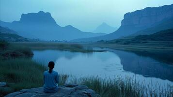 AI generated Peaceful meditation at twilight by a tranquil mountain lake photo