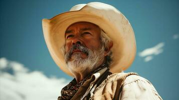 ai generado un hombre con blanco pelo vistiendo un vaquero sombrero ese es curioso a un azul cielo. generativo ai foto