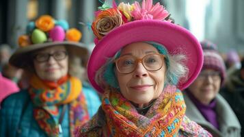 ai generado alegre mayor mujer vistiendo vistoso sombreros y bufandas a un social reunión foto