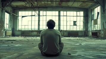 AI generated Solitary man sitting in an abandoned building contemplating photo