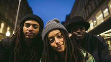 AI generated Three individuals with dreadlocks standing on a street, showcasing their unique hairstyles and fashion sense. photo