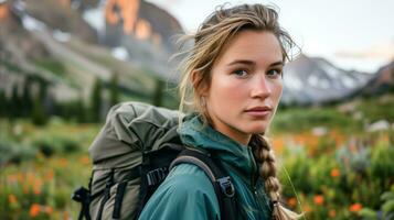 ai generado joven mujer excursionismo al aire libre con mochila. generativo ai foto