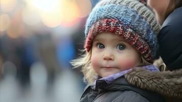 ai generado el pequeño chico mira linda y Listo para frío clima en su de punto sombrero y abrigo. generativo ai foto