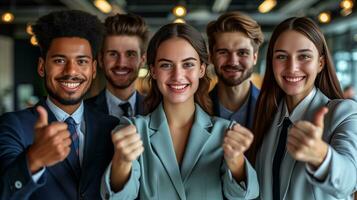 AI generated Group of diverse professional business people giving thumbs up photo