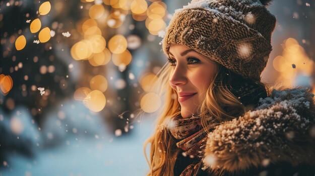 AI generated Smiling girl in winter looking at snowflakes. Generative AI photo