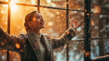 AI generated Happy woman with open arms on a snowy winter day. photo