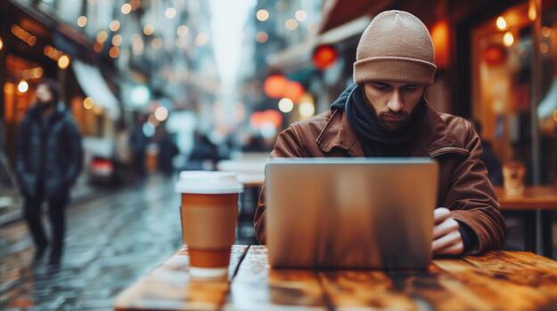 AI generated A man sitting in a cafe in cold weather, drinking coffee and using a computer. photo
