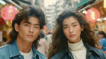 AI generated Stylish young couple in urban asian setting, fashionable denim attire photo