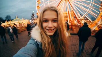 AI generated A woman taking a selfie in front of colorful carnival toys. photo