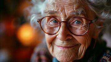 ai generado retrato de un mayor mujer con lentes expresando sabiduría y calor foto